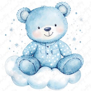 7 Watercolor Blue Teddy Bear Baby Clipart, Baby Shower Bear with Moon, Clouds, It’s a Boy Clipart, Baby Boy Shower Clipart, High Quality JPG