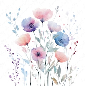 14 cliparts éthérés aquarelle de fleurs sauvages, dessins botaniques pastel doux, JPG de haute qualité, téléchargement immédiat, clipart imprimable pour travaux manuels