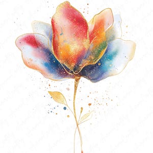 Paquete de 7 imágenes prediseñadas de flores de acuarela con espectro de arcoíris, flores multicolores brillantes, JPG de alta calidad, descarga instantánea, manualidades con imágenes prediseñadas imprimibles