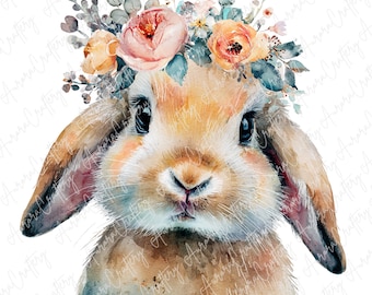 7 Watercolor Bunny Clipart with Flower Crowns, Cute Rabbit Clipart for Baby Shower, Nursery Decor, Crafts, and Stickers, High Quality JPG