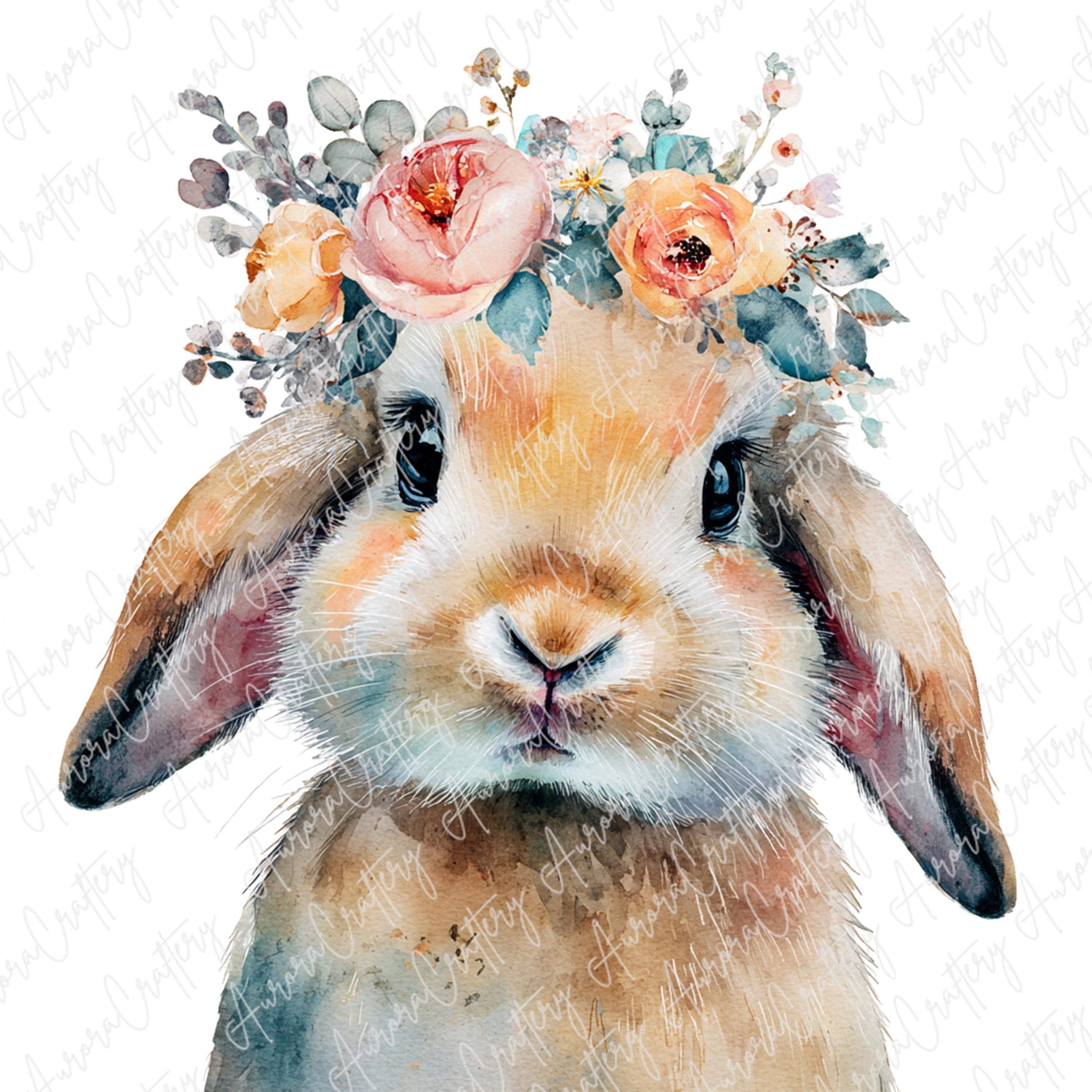 7 Watercolor Bunny Clipart With Flower Crowns, Cute Rabbit Clipart for ...