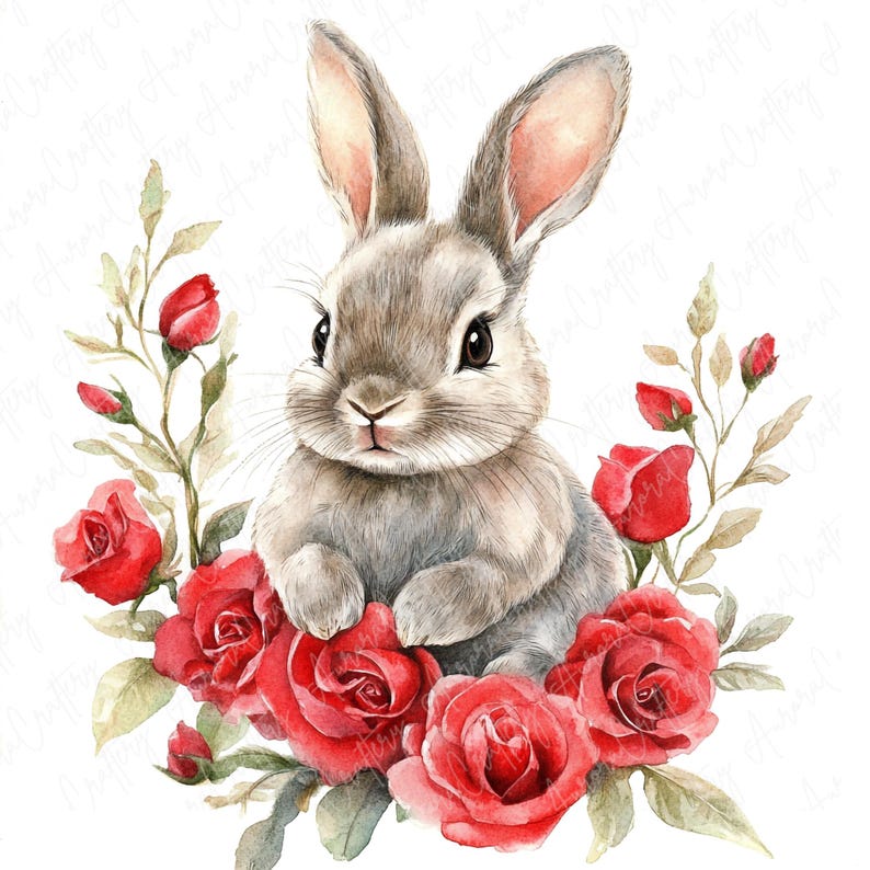 10 Watercolor Rose Bunny Clipart, Cute Valentine's Bunnies With Red ...