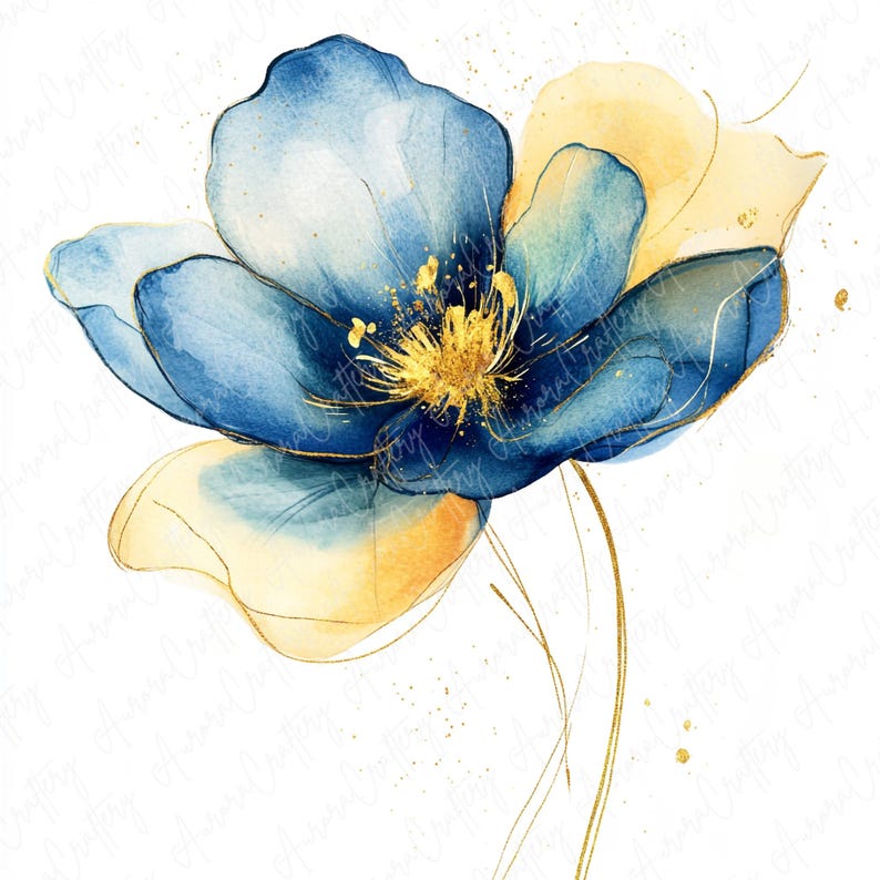 16 Abstract Blue and Yellow Watercolor Floral Clipart Bundle, Blue ...