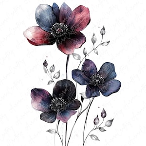 12 Gothic Eleganz Aquarell Floral Clipart Bundle, schwarze und rote Blumen, hochwertige JPG, Instant Download, printable Clipart für Handwerk