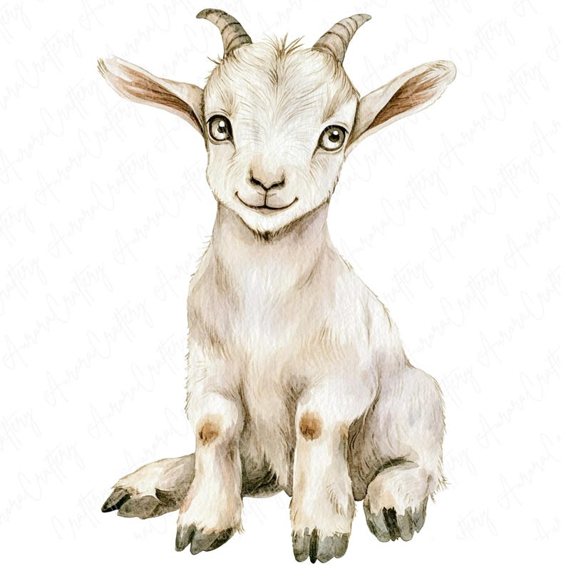 A collection of 11 watercolor cute goat clipart illustrations featuring baby goats in playful and adorable poses, ideal for farm-themed crafts and nursery decor.