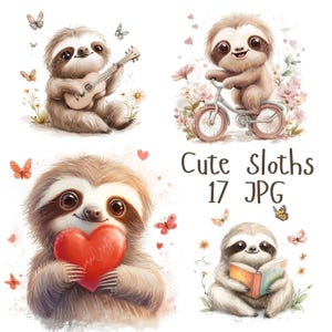 17 schattige babyluiaardclips | Schattige luiaards met hartjes, vlinders, decor voor de babykamer, baby clipart kinderkamer clipart | Hoge kwaliteit JPG digitaal