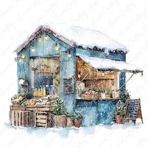May include: Watercolor illustration of a snowy market stall. The blue stall is filled with wooden crates of produce, bottles, and small Christmas trees. String lights and snow add to the winter scene. A chalkboard sign displays text.