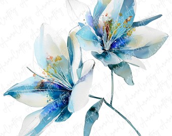 6枚の水彩画ユリの花のクリップアート、金色のアクセントが付いた青と