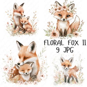 9 Clipart renard aquarelle, renard floral avec des fleurs, clipart animaux de la forêt, clipart chambre d'enfant renard mignon, téléchargement numérique JPG de haute qualité