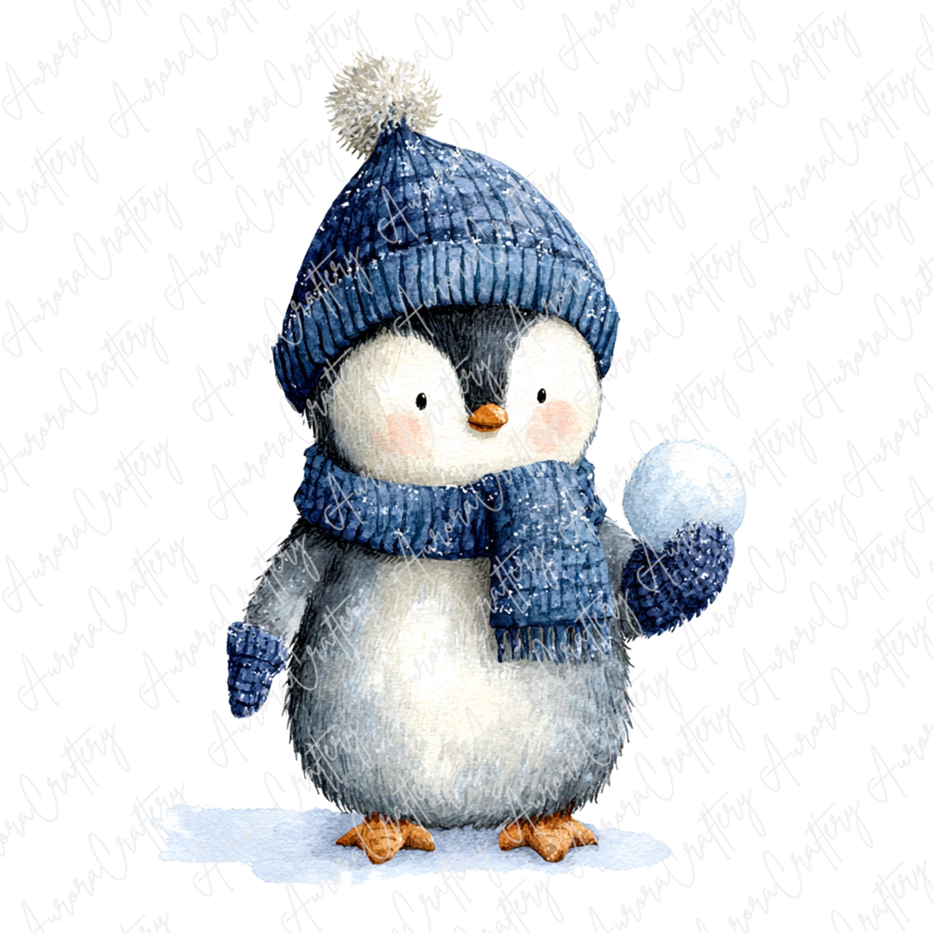 6 Watercolor Penguin Clipart, Cute Penguins With Snowballs in Blue Hats ...