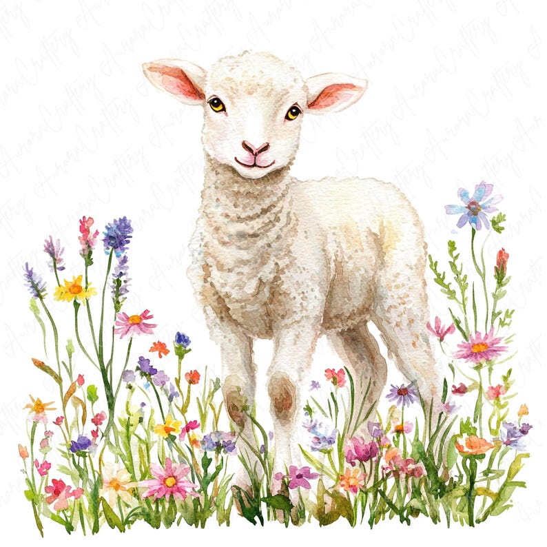 May include: A white lamb standing in a field of colorful wildflowers. The lamb has a fluffy white coat and is looking at the camera. The flowers are in bloom and are a variety of colors, including pink, purple, yellow, and blue.