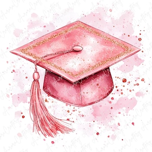 5 Watercolor Pink Graduation Cap Clipart, Grad Hats with Tassels for Class of 2025, Pink School Celebration Clipart, High Quality JPG