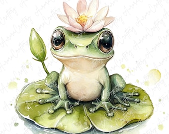 5 Watercolor Kawaii Frog Clipart, Cute Frogs with Umbrellas, Whimsical Animal Clipart for Crafts, High-Quality JPG Download