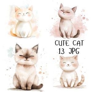 13 Clipart de gato fofo em aquarela, gato caprichoso, clipart de gatinho fofo para artesanato em papel, clipart de gato de berçário, download digital JPG de alta qualidade