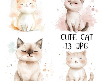 Puede incluir: Un conjunto de 13 ilustraciones digitales de gatos lindos en varias poses. Los gatos están dibujados en un estilo acuarela con colores suaves y pastel. Las ilustraciones son perfectas para usar en scrapbooking, creación de tarjetas u otros proyectos creativos.