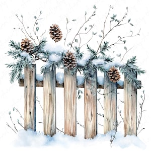 8 imágenes prediseñadas de cercas invernales en acuarela, cercas rústicas de madera con piñas y nieve, imágenes prediseñadas de jardines de invierno, descarga en formato JPG de alta calidad.