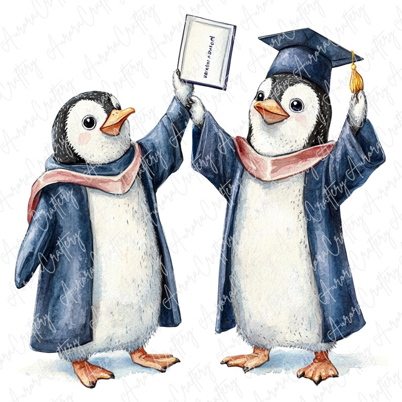 3 Graduation Penguins in Blue Gowns, Cute Penguin Clipart With Diplomas ...