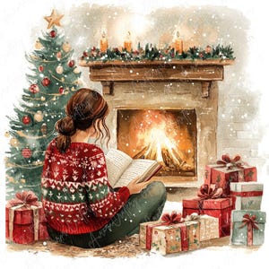11 Clipart de lareira aconchegante em aquarela, clipart de lareira de inverno para sala de estar festiva para artesanato festivo, clipart de árvore de inverno, JPG de alta qualidade