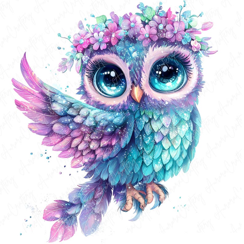 A collection of 16 whimsical watercolor owls adorned with beautiful floral crowns, ideal for use in invitations, nursery decor, and stickers. Each owl is intricately designed with delicate flowers and bright colors.