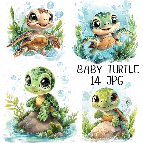 14 Watercolor Baby Turtle Clipart, Cute Sea Turtle Clipart for Paper Craft, Baby Nursery Clipart, Sealife Clipart, High Quality JPG Download