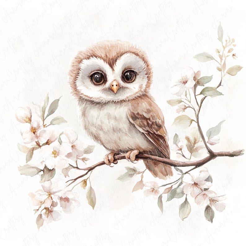 A set of 9 watercolor owl clipart images featuring cute owls perched on floral branches, ideal for nursery decor, rustic projects, and woodland-themed art designs.