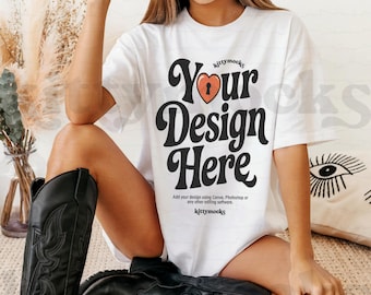Gildan 5000 Weißes Cowgirl Shirt Mockup | G5000 weißes Cowgirl Western Boho T-Shirt Mockup | G5000 Übergroßes T-Shirt Mockup | Gildan 5000Boho