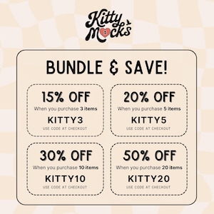 May include: A graphic with four discount codes for Kitty Mocks. The graphic has a checkered background and features four boxes with different discount percentages and corresponding codes. The codes are: KITTY3, KITTY5, KITTY10, and KITTY20.