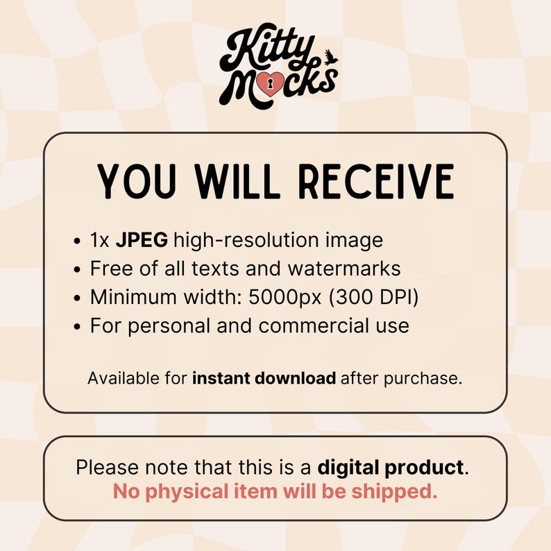 May include: A digital product listing for a high-resolution JPEG image. The image is free of text and watermarks, has a minimum width of 5000 pixels at 300 DPI, and is available for personal and commercial use. The text "Kitty Mocks" is in a pink heart with a keyhole in the center.