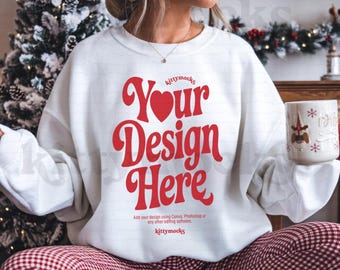 Gildan 18000 White Sweatshirt Mockup | G180 White Crewneck Mock-up | Real Model Mock | Cozy Trendy Boho Christmas Morning Aesthetic Sweater