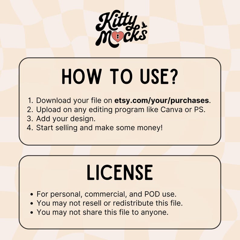 May include: A digital download graphic with instructions on how to use and license the product. The text reads "How to Use?" and lists four steps. The text also reads "License" and lists three bullet points.