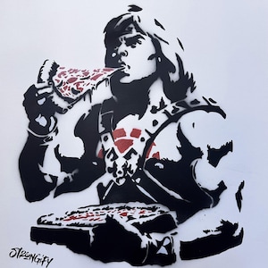 May include: Black and white stencil art of a person eating pizza, with red accents on the pizza. The artwork is signed "STRONGIFY" in the lower left corner. The person is wearing armor. The pizza is on a table.