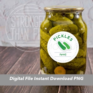 Sweet Pickles Canning Label Printable Jar Homemade Food Gift Sticker, Custom Round Seal, Instant Download PNG, Pickle, Bread And Butter image 1