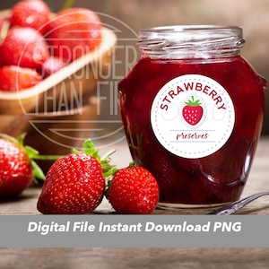 Strawberry Jam Preserves Canning Label - Printable Mason Jar Homemade Food Gift Sticker, Custom Round Seal, Instant Download PNG