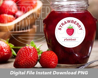 Strawberry Jam Preserves Canning Label - Printable Mason Jar Homemade Food Gift Sticker, Custom Round Seal, Instant Download PNG