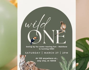 Wild One Birthday Invitation: Jungle Safari, Editable Canva Template (Digital Download)