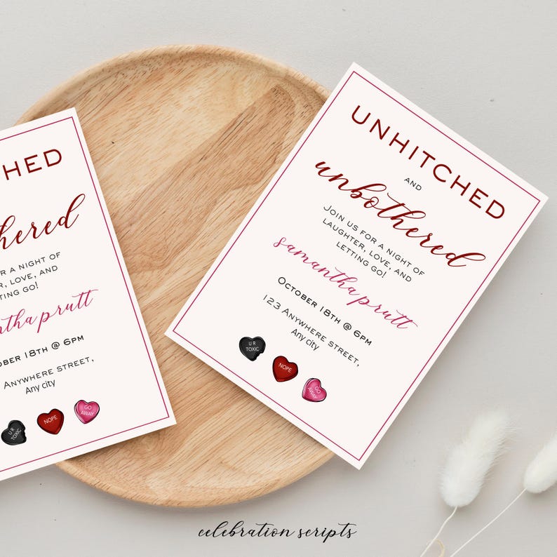 May include: Two white cards with red and black text announcing an "Unhitched and Unbothered" party for Samantha Prutt on 18th October at 6 PM. The cards feature a red, black, and pink heart design.