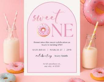 Sweet One Donut Birthday Invitation for Girl – Editable First Birthday Party Invite Template