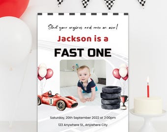 Race Car First Birthday Invitation: Fast One Party (Digital Download)