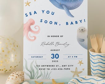Under the Sea Baby Shower Invitation: Watercolor Sea Creatures (Digital Download Canva Template Set