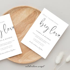 May include: Wedding invitation with a minimalist design featuring the text "Small Celebration Big Love" and the names "Andrea & Mathew". The invitation includes the date and time of the wedding, as well as the location.