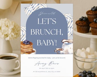 Brunch Baby Shower Invitation: Pancakes & Coffee Canva Template (Digital Download