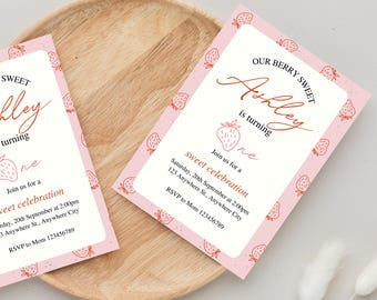 Strawberry First Birthday Invitation: Berry Sweet, Editable (PDF/PNG)