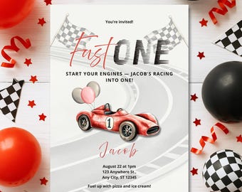 Fast ONE Birthday Invitation - Race Car Theme, Editable Canva Template (Digital Download)
