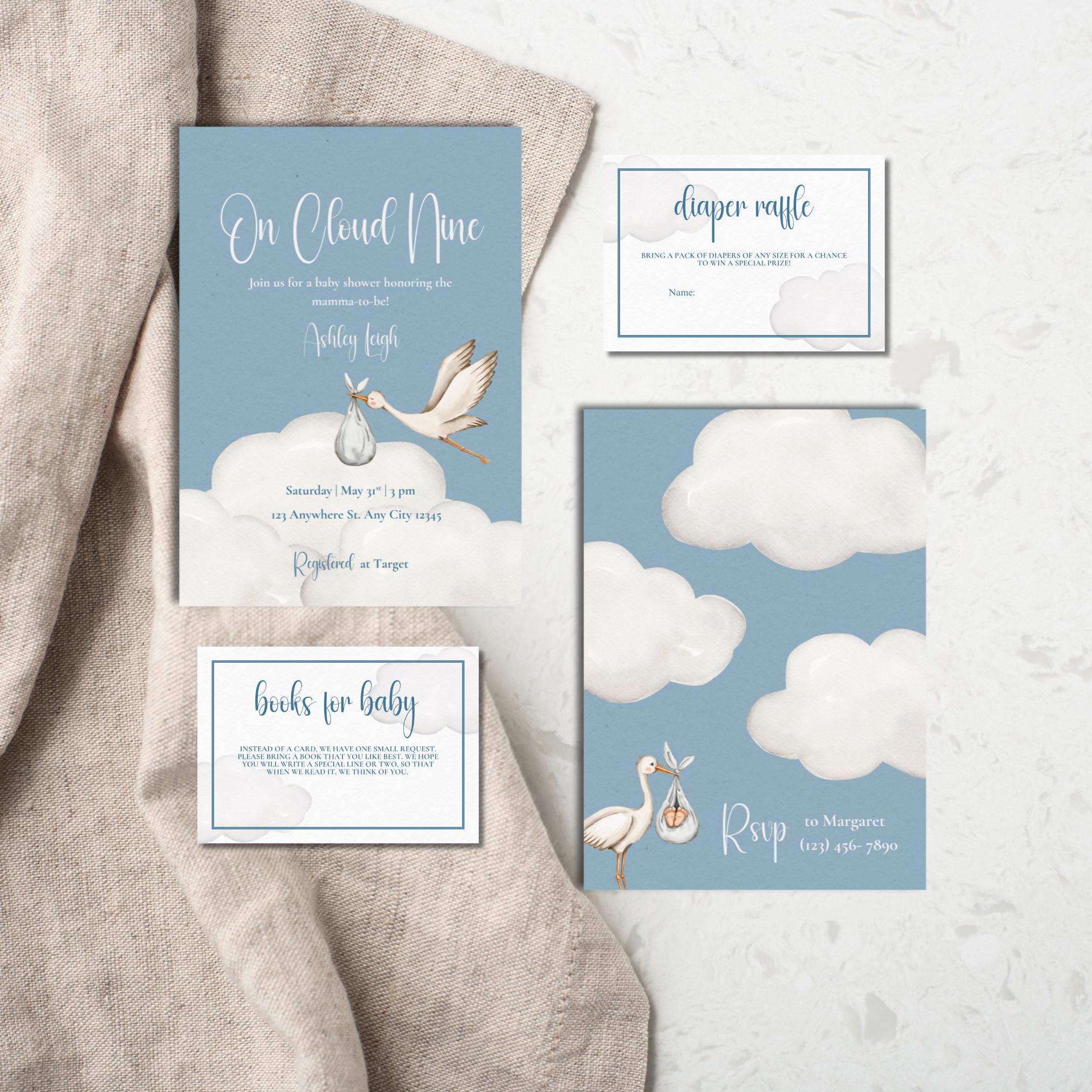 Editable "On Cloud Nine" Baby Shower Bundle | Digital Invitation | Bonus Baby & Diaper Raffle Cards