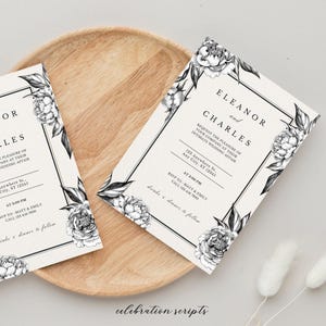 Faire-part de mariage vintage élégant | Faire-part de mariage floral noir et blanc | Modèle de mariage personnalisé imprimable