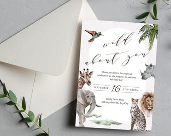 Safari Baby Shower Invitation: Watercolor Jungle Animals (Editable Canva Template)