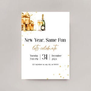 Invitación para fiesta de Año Nuevo imprimible: plantilla de tarjeta de felicitación de Año Nuevo digital editable