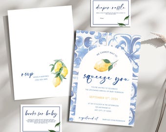 Blue Lemon Baby Shower Invitation, Mediterranean Tile Citrus Invite (Digital Download)