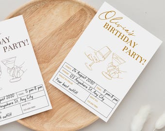 Elegant Cocktail Birthday Party Invitation: Pink Line Art (Digital Download)