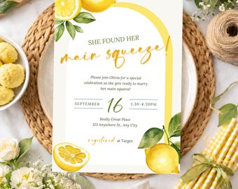 Lemon Bridal Shower Invitation, Main Squeeze Citrus Invite, Summer Garden Party (Editable Canva Template)